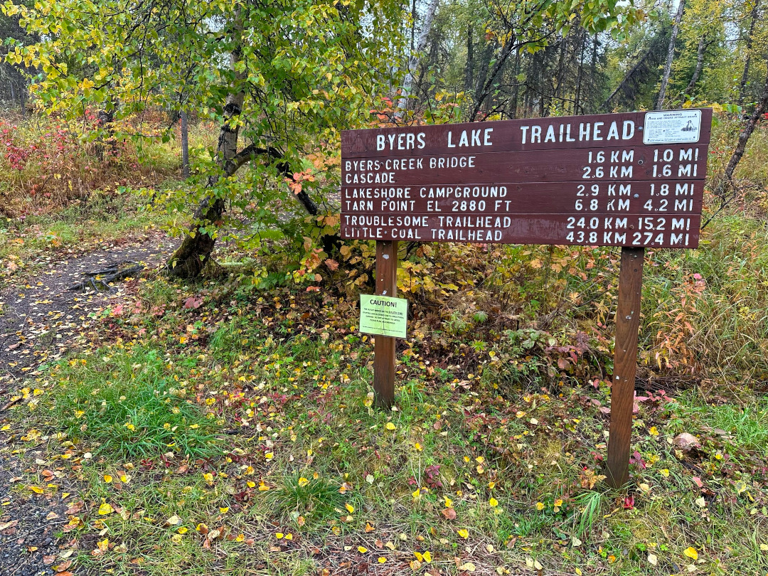 Byers Lake Trailhead hiking trails sign