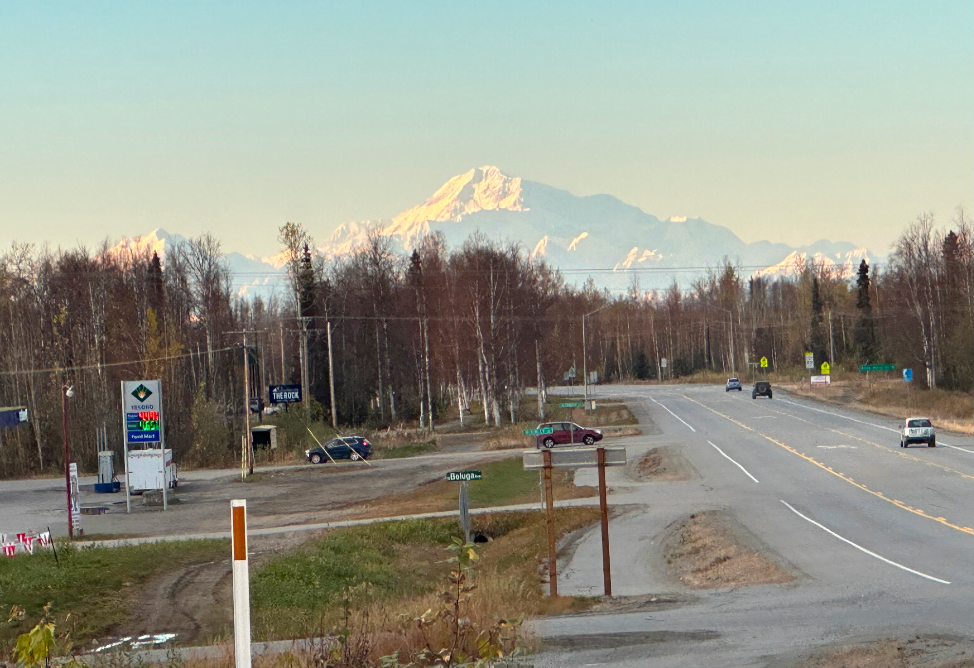 Mount Denali as seen during Alaska's seasonal shift from fall to winter