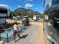 Woman and kid cutting through RV sites