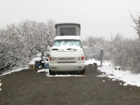 VW Westfalia Camping in the snow at Black Canyon National Park
