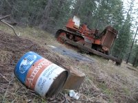 Abandoned bulldozer and Amway in Shasta Forest