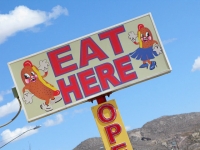 Eat Here Sign At Jimmy's Hos Dogs Bisbee, AZ
