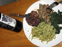Vegan Pasta, Greens and Rib Eye Steak