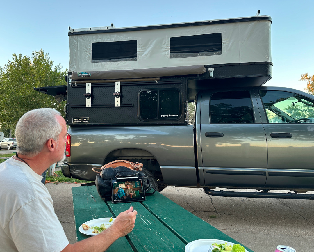 Jim watches YouTube at our campsite