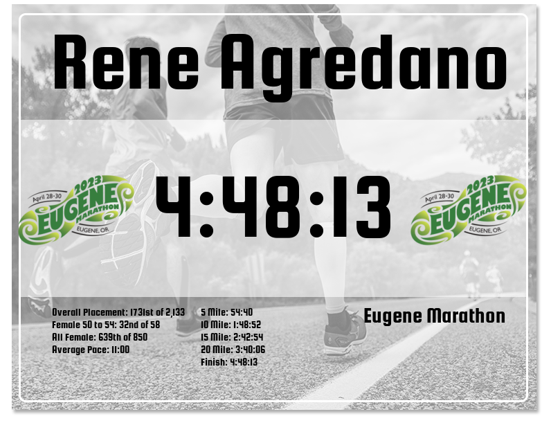 Rene Agredano finish time 2023 Eugene Marathon
