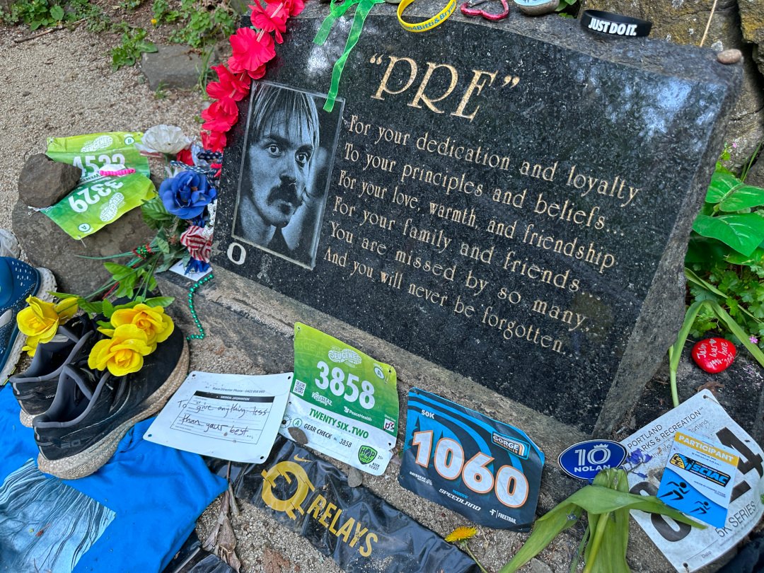 Offerings at the Steve Prefontaine memorial marker in Eugene.