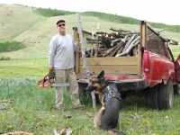 Wyatt and Jim collecting wood for Vickers Ranch