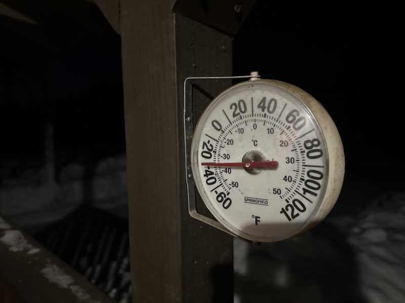 outside thermometer showing extreme January cold in Willow, Alaska