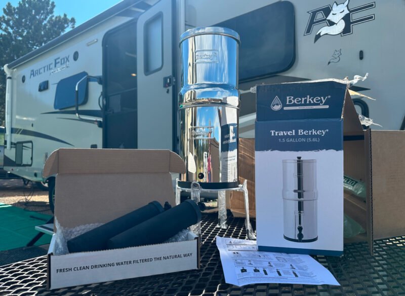 Opening and unboxing Travel Berkey Water Filter system for RVers with base and filters
